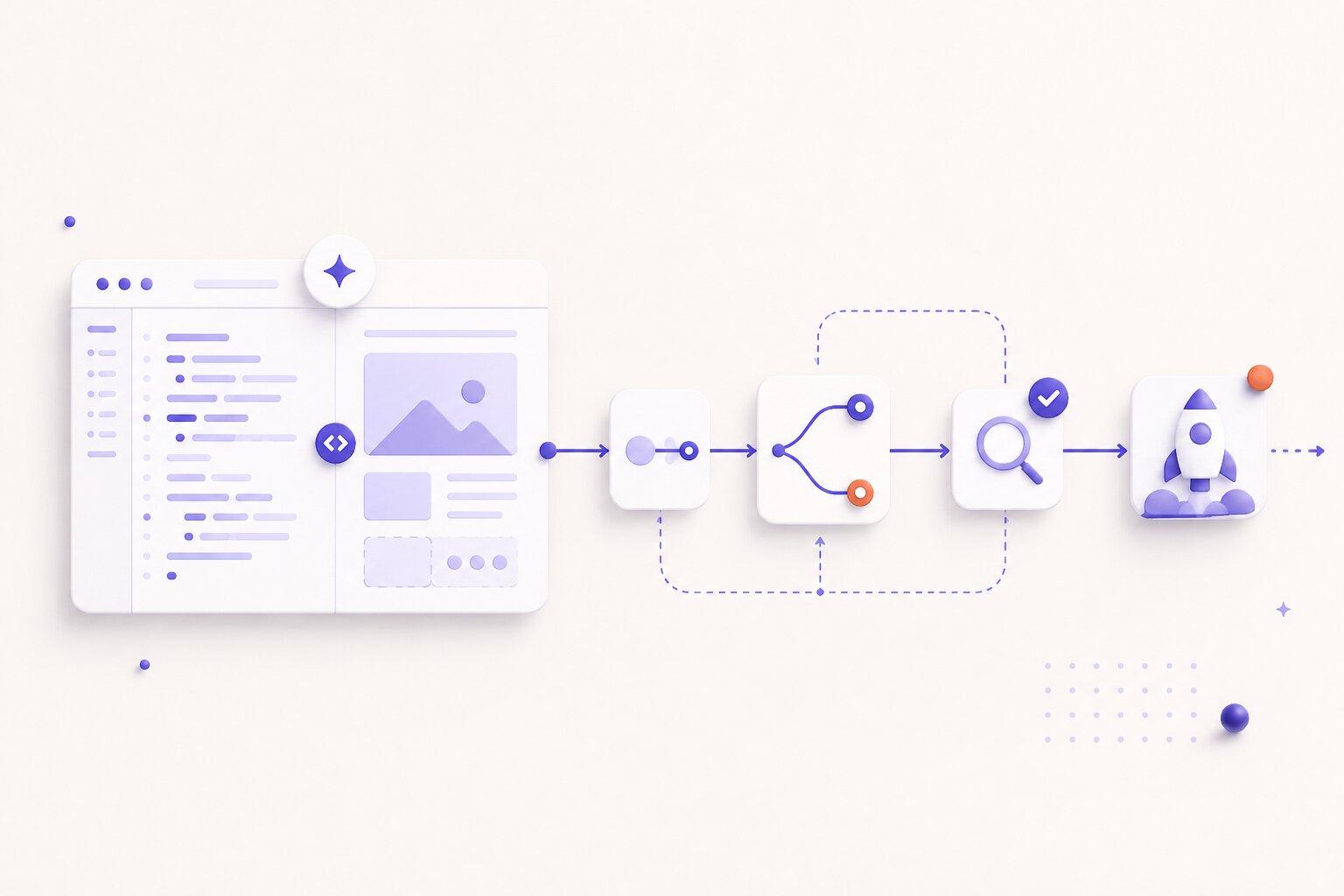 AI-assisted development: code and design merging into a branch, review, ship pipeline